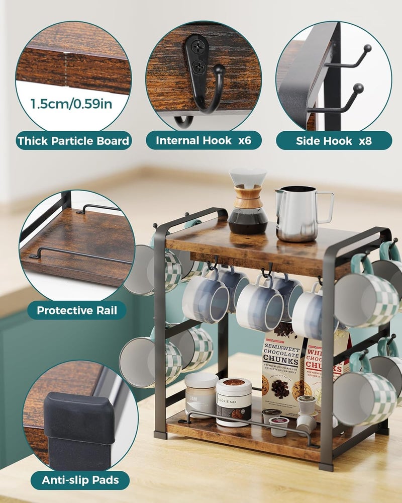 OROPY Wooden Coffee Bar Organizer with 14 Mug Hooks, 2 Tier Countertop Coffee Mug Holder Stand for Cups, Mugs, Syrups, Accessories - Image 4